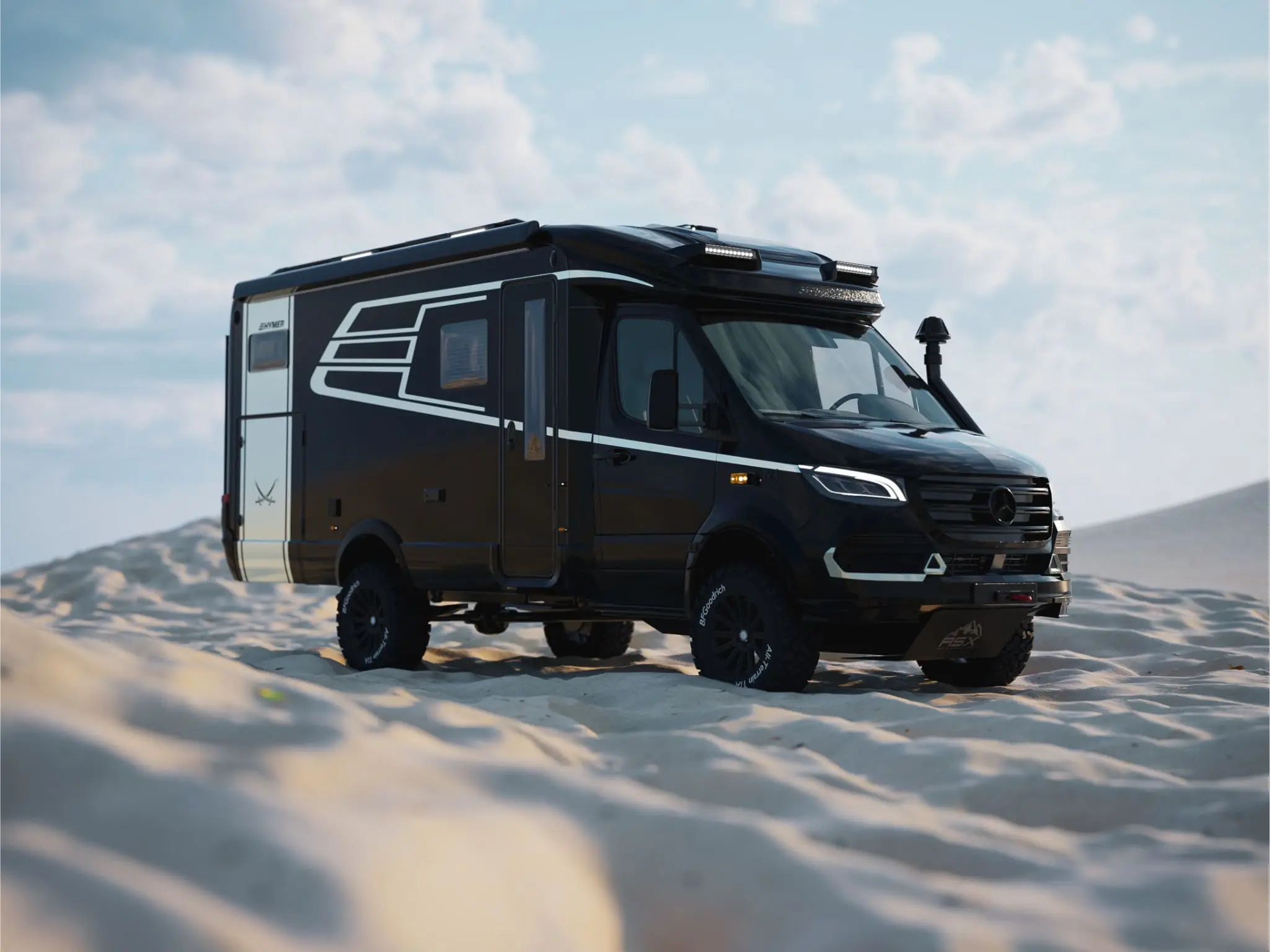 Black HYMER expedition vehicle concept with white geometric graphics