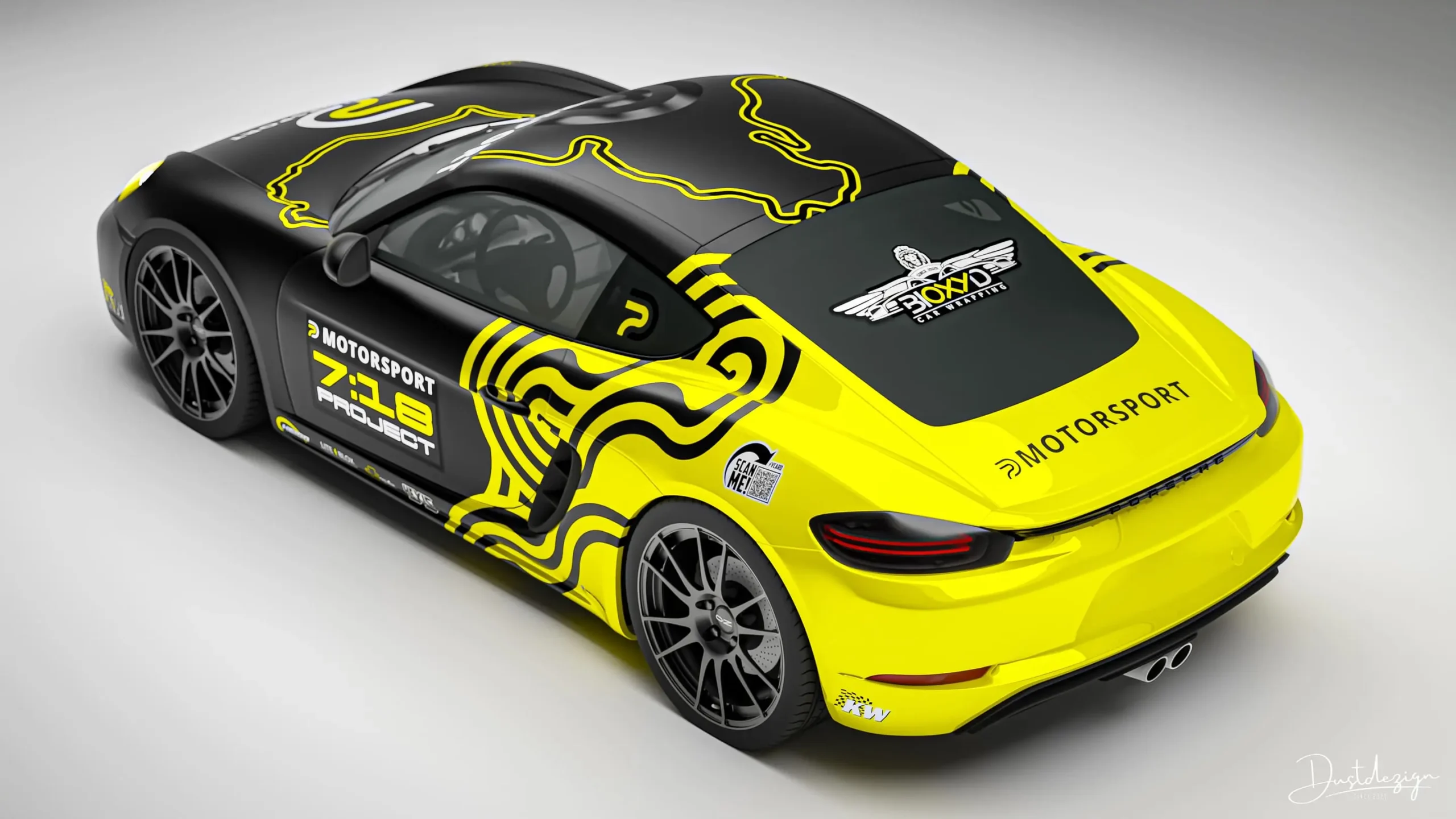Yellow and black Porsche 718 motorsport livery concept