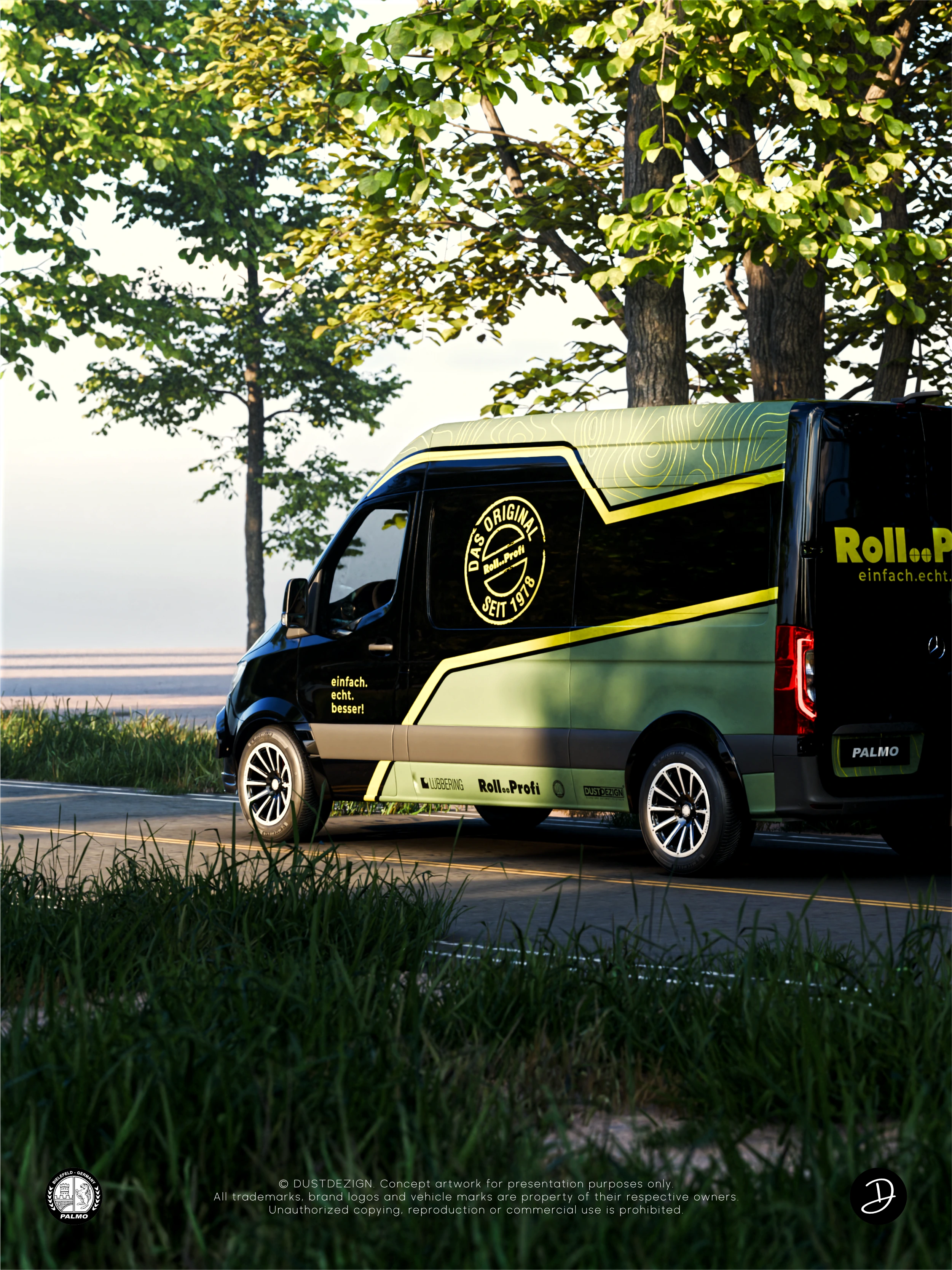Lübbering Sprinter rear three-quarter view showing the lime brand stamp and green graphics