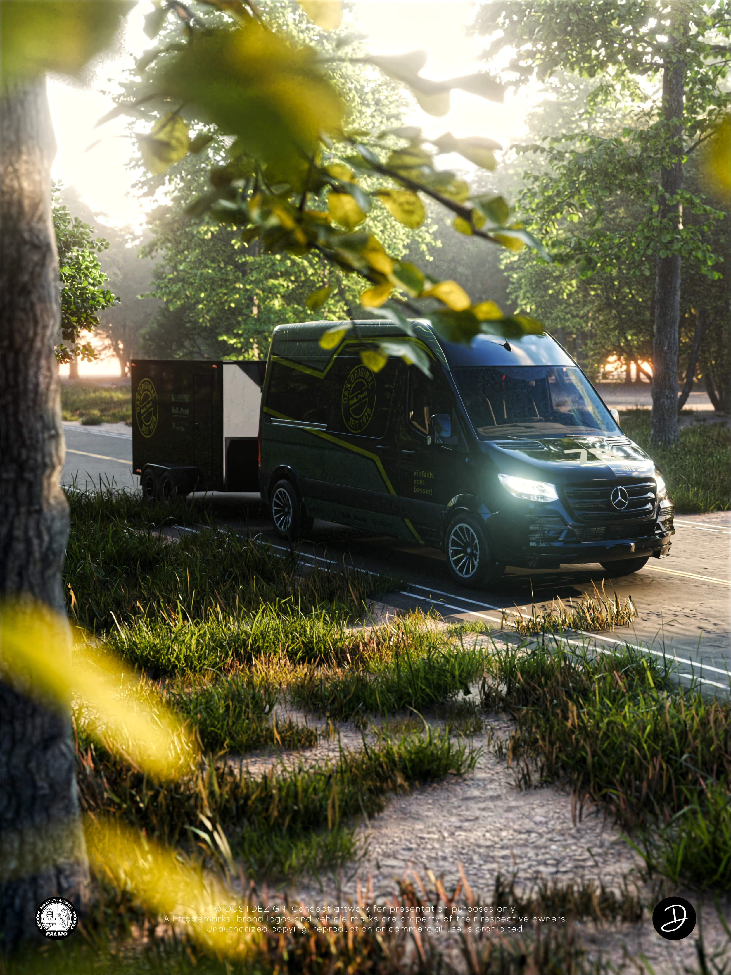 Lübbering Roll..Profi Sprinter and matching trailer seen through trees on a forest road
