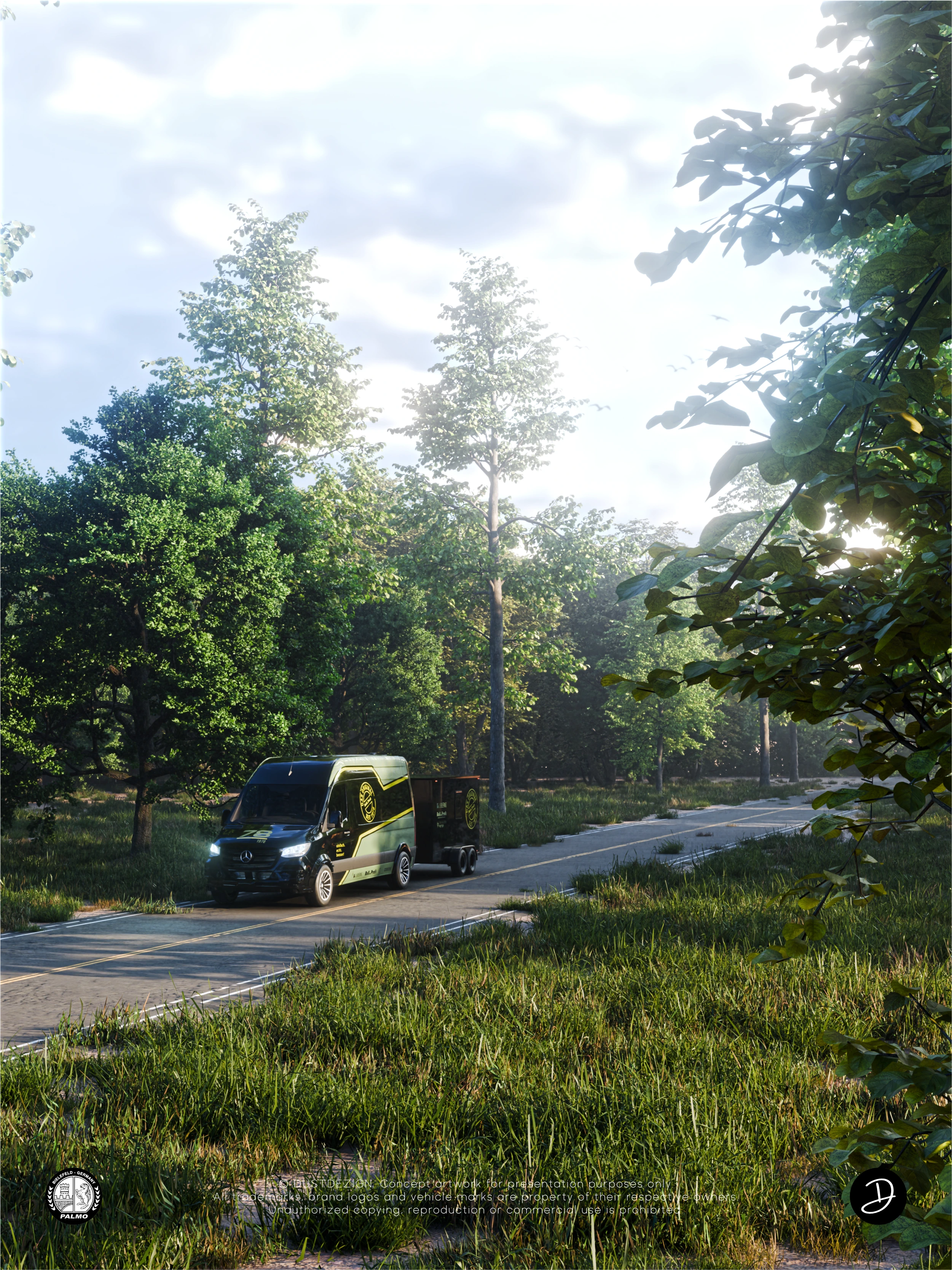 Lübbering vehicle and trailer presented on a sunlit forest road