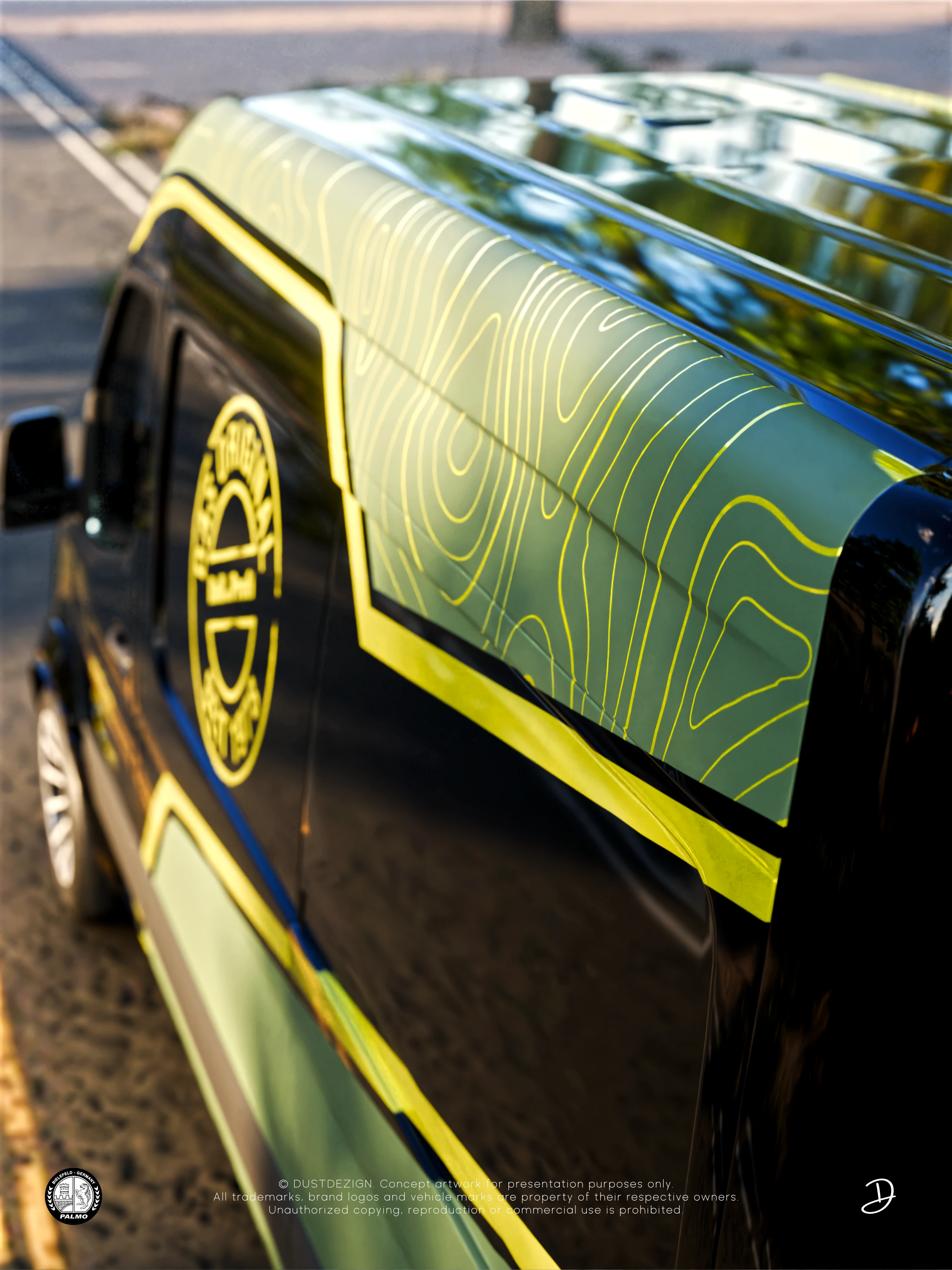 Close-up of the Lübbering vehicle wrap with lime contour lines over green panels