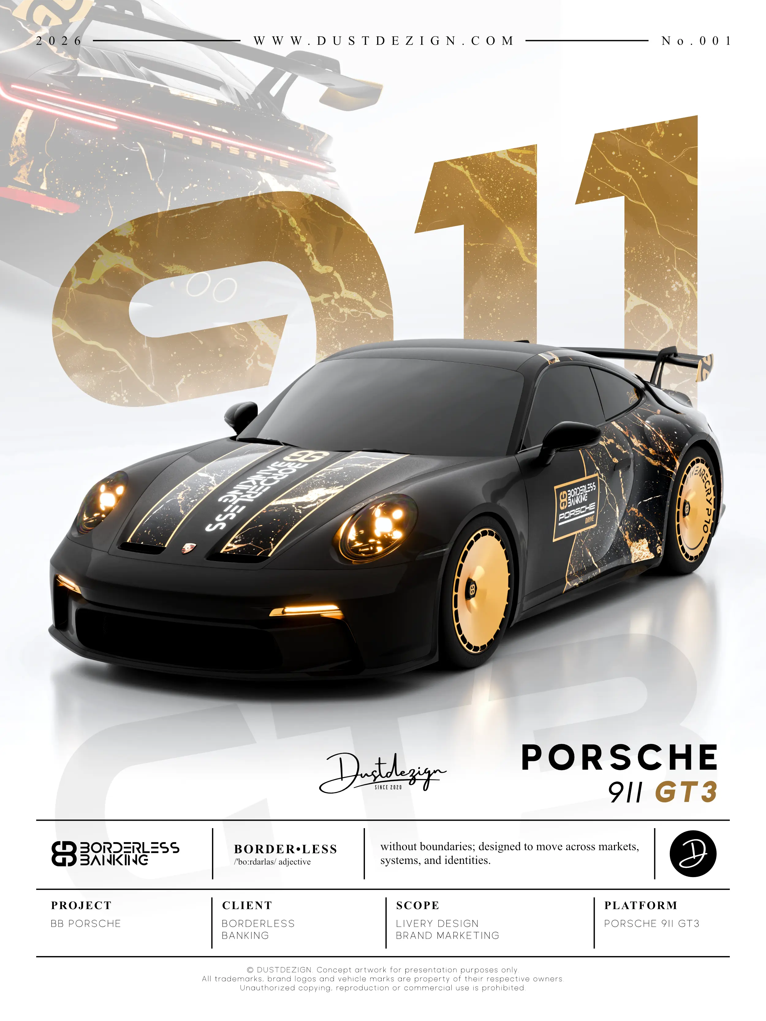 Porsche 911 GT3: Borderless Banking black-and-gold concept poster