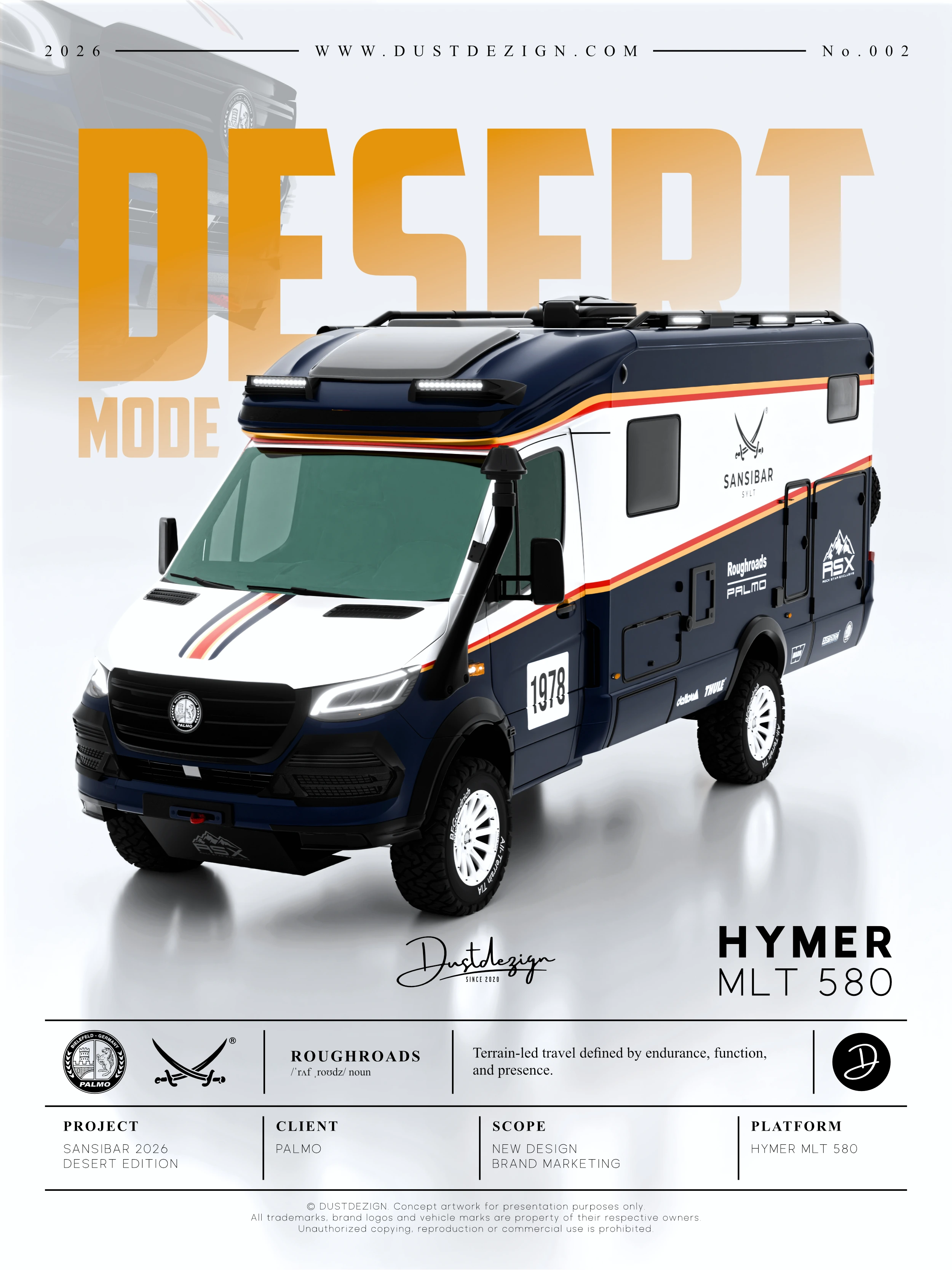 SANSIBAR DESERT Edition original project poster featuring a navy and white HYMER MLT 580 concept with red and warm-gold stripes