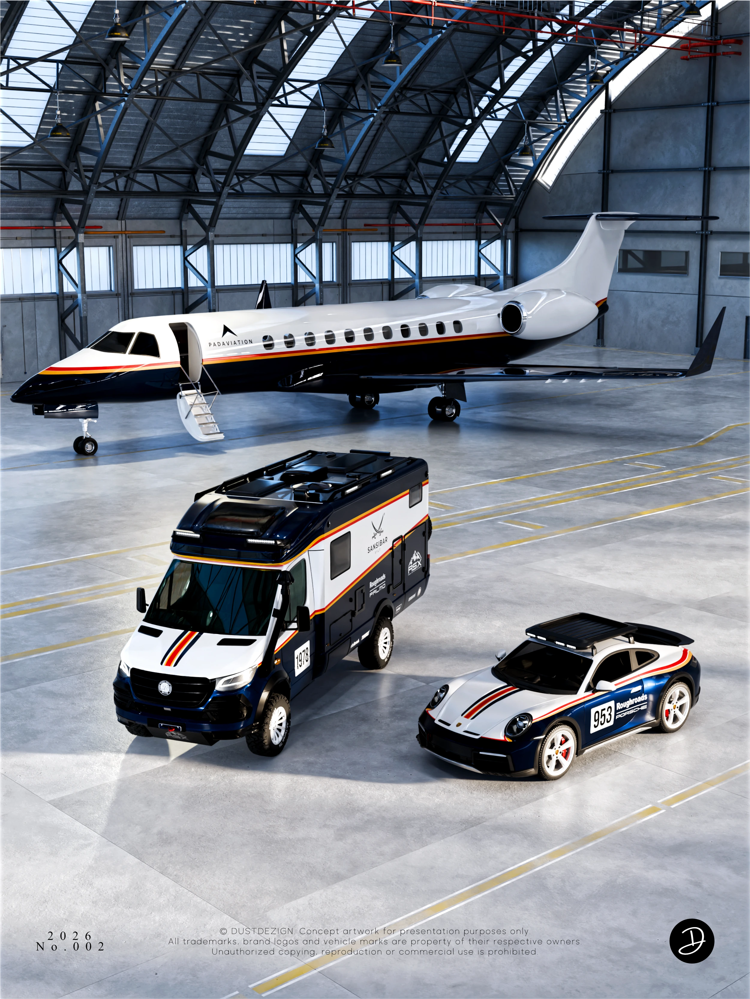 Hangar composition with the HYMER concept, a sports car and an aircraft sharing a navy, white and warm-striped visual language