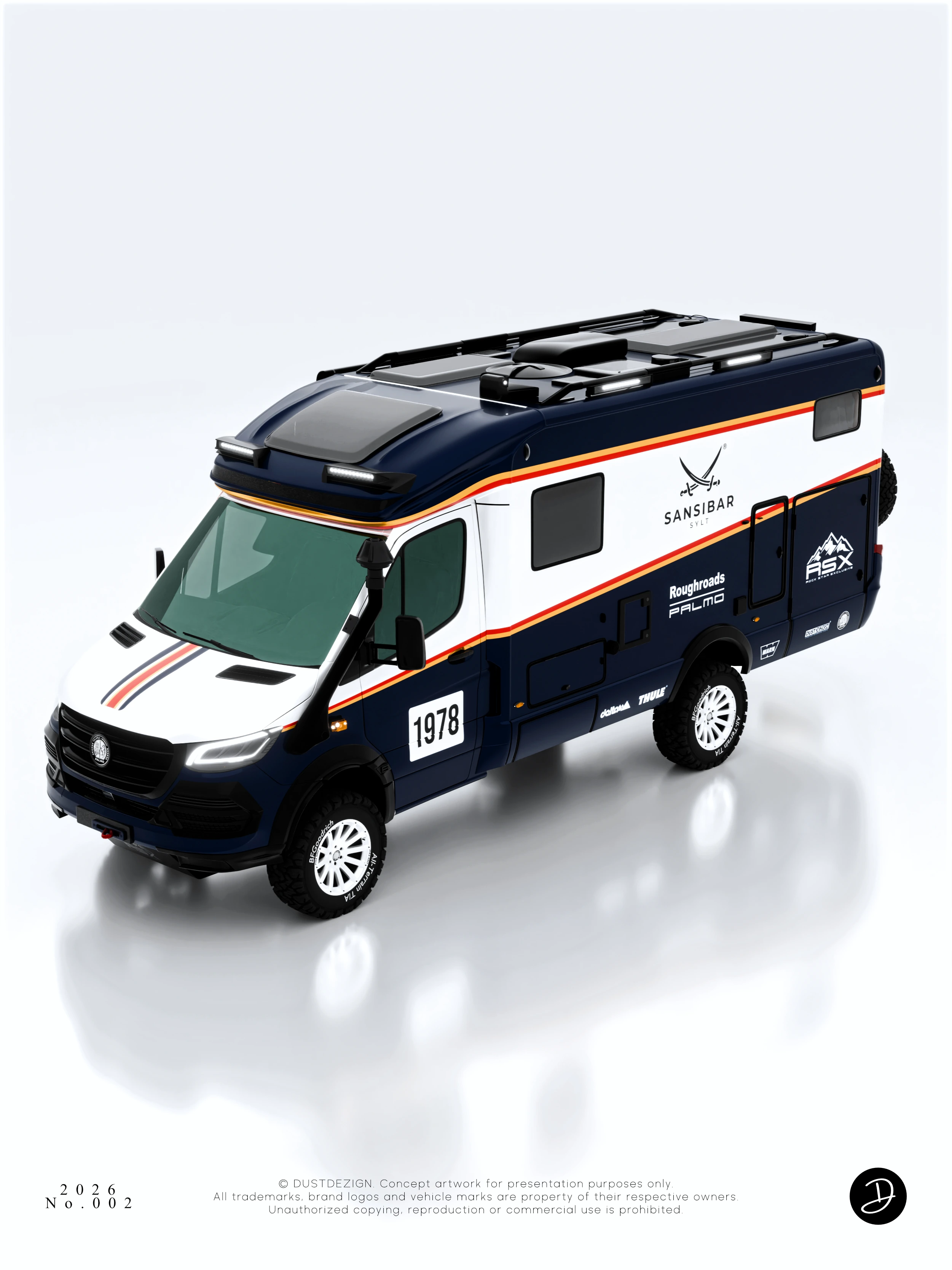Elevated front three-quarter view of the SANSIBAR DESERT Edition HYMER MLT 580 in navy, white, red and warm gold
